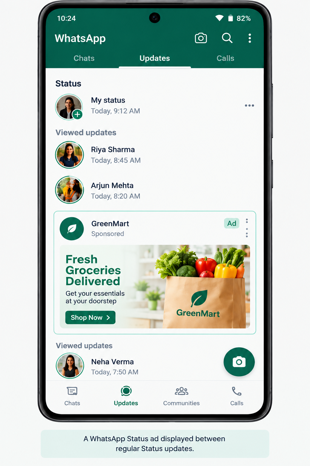 WhatsApp Status advertisement showing the Ad label in the Updates tab