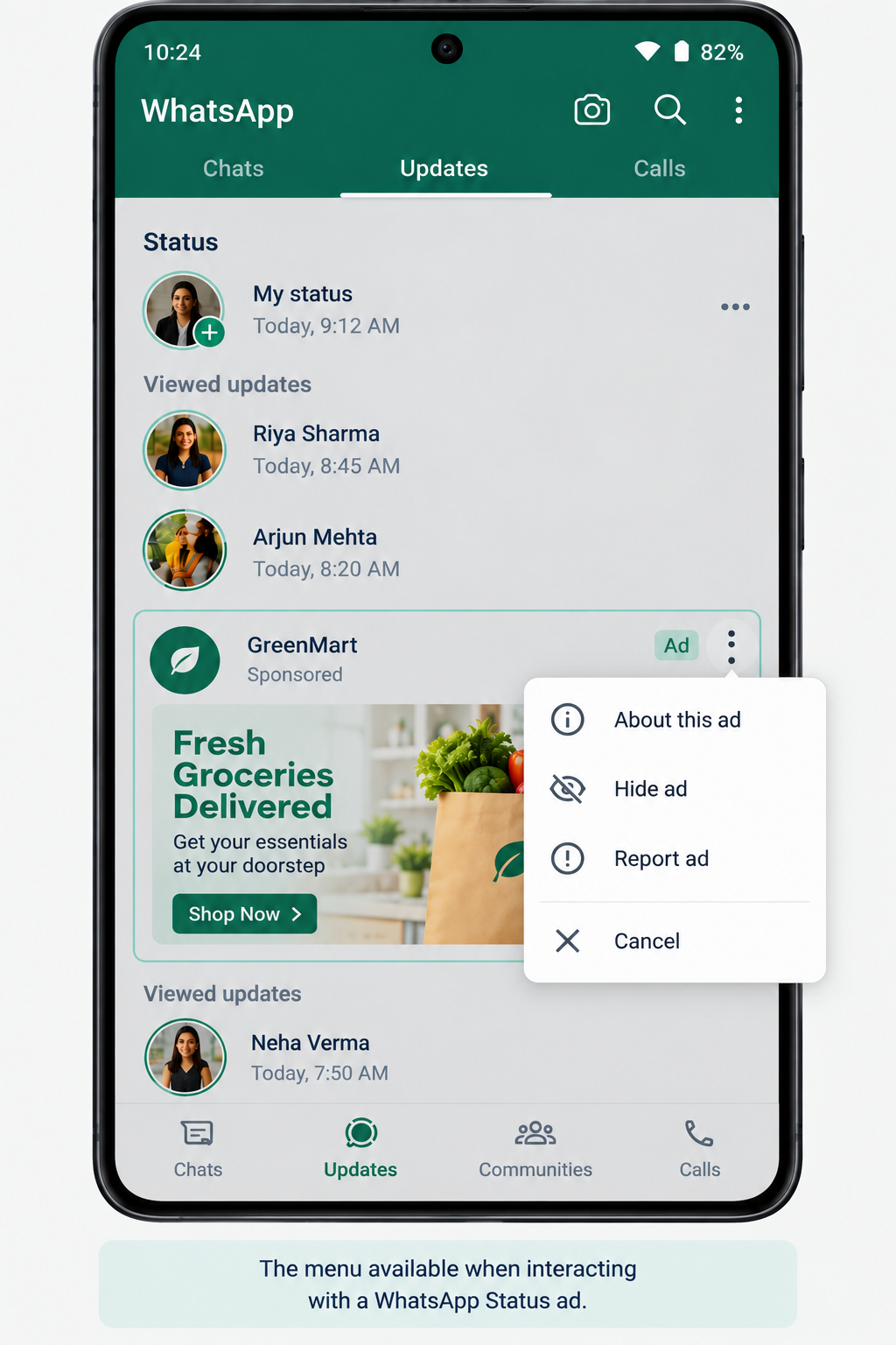 WhatsApp Status ad menu with options to hide or report the advertisement