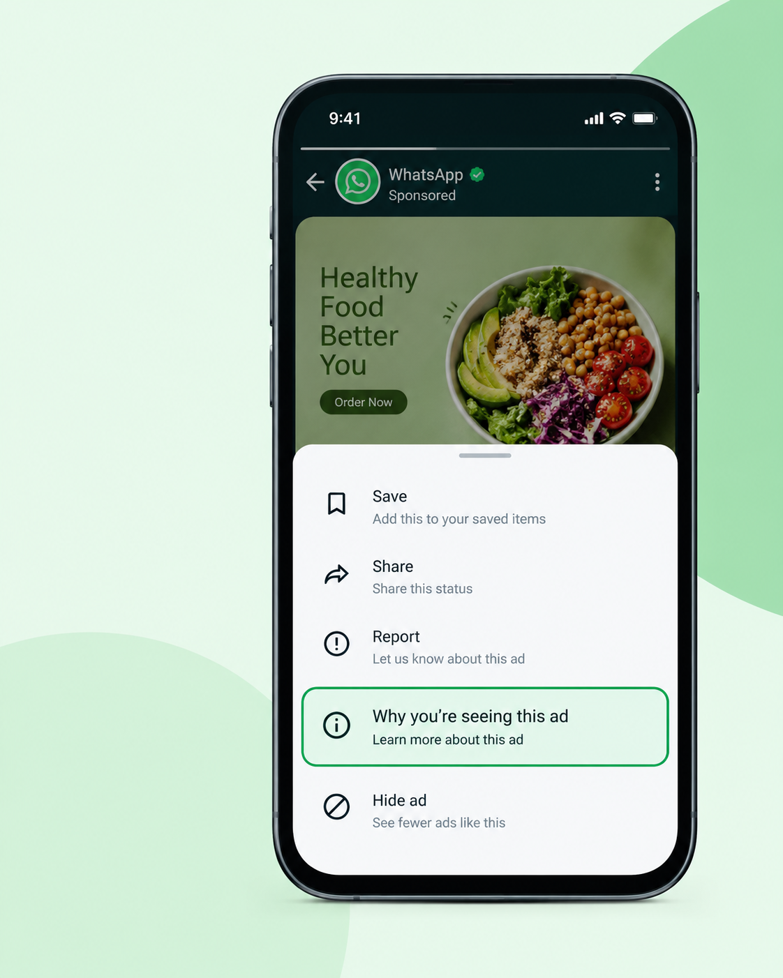 WhatsApp Why you're seeing this ad option for a Status advertisement