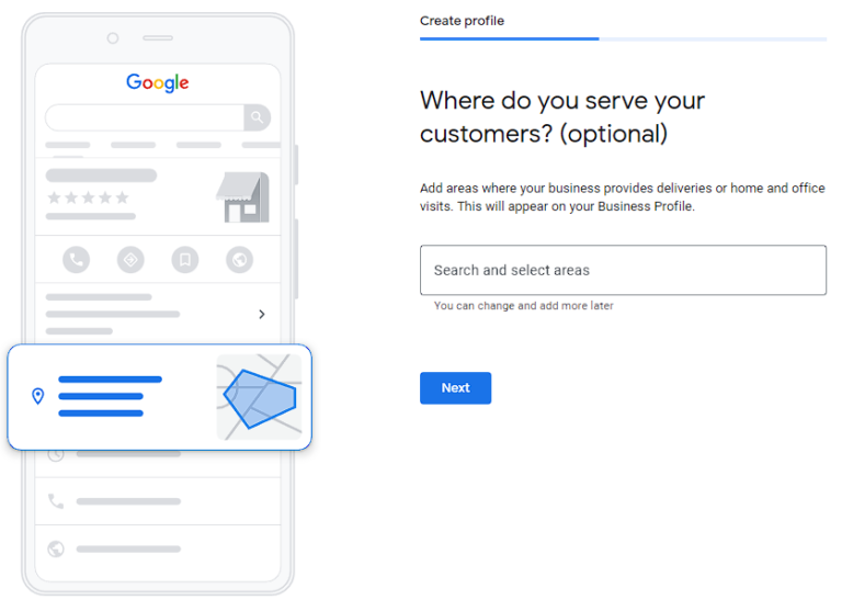 Screenshot of Google Business Profile setup page asking "Where do you serve your customers?" with an option to search and select areas.