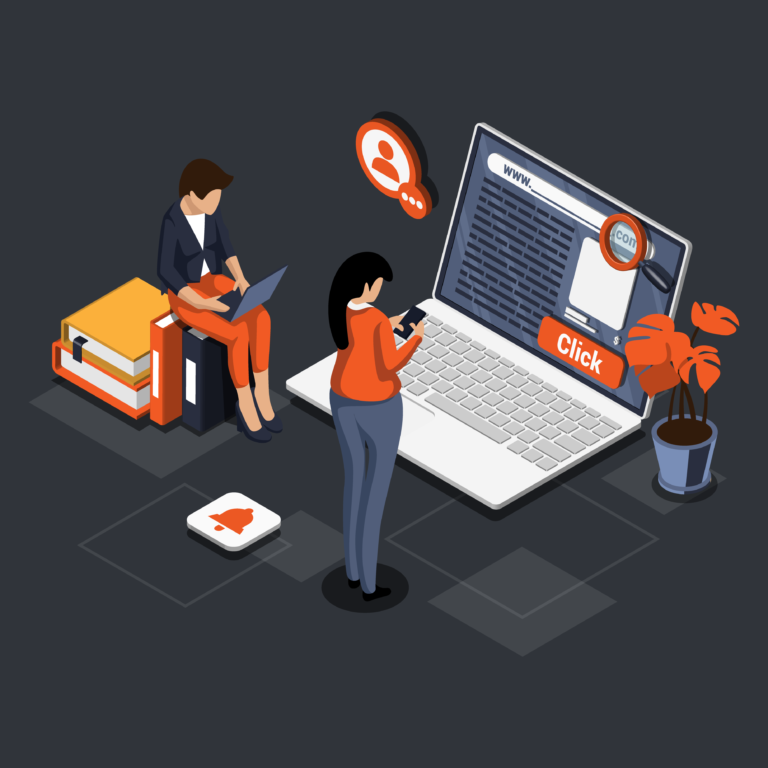 Isometric illustration of two people interacting with a giant laptop and digital icons.