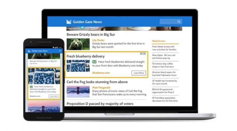 A laptop and smartphone displaying the "Golden Gate News" website with an article about grizzly bears and a blueberry delivery ad