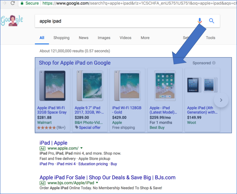 A Google search result page for "apple ipad" showing various sponsored shopping ads for iPads from different retailers.