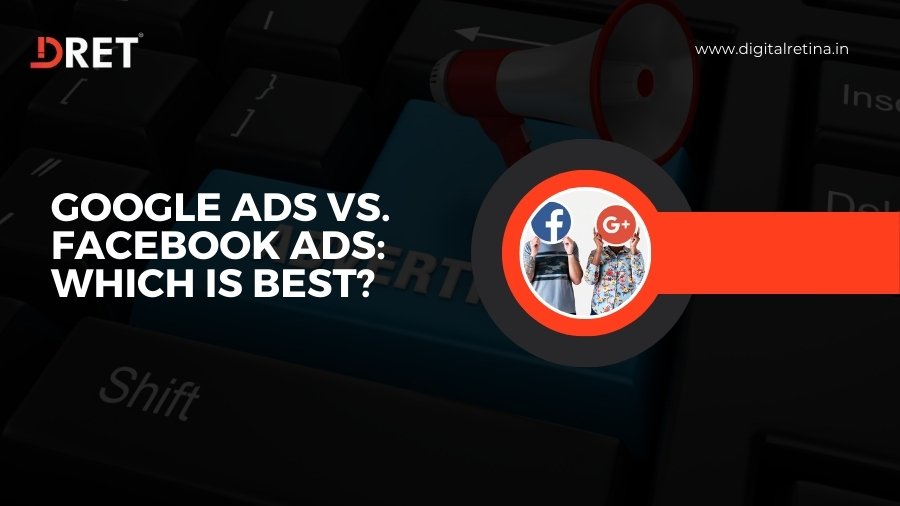 Graphic comparing Google Ads with Facebook Ads, featuring a magnifying glass focusing on Facebook and Google logos on a keyboard.