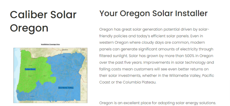 A snapshot of the Caliber Solar Oregon homepage, featuring a map of their installation coverage area in Oregon and information about the benefits of solar energy.