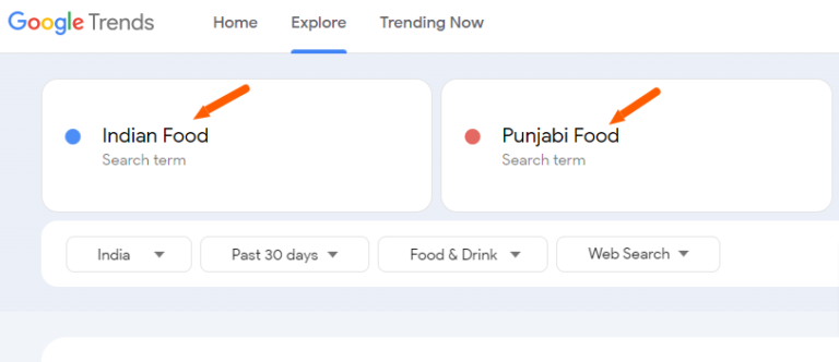 Trends interface displaying search comparison between "Indian Food" and "Punjabi Food.