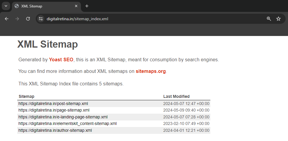 Browser displaying the XML Sitemap index for the Digital Retina website, generated by Yoast SEO