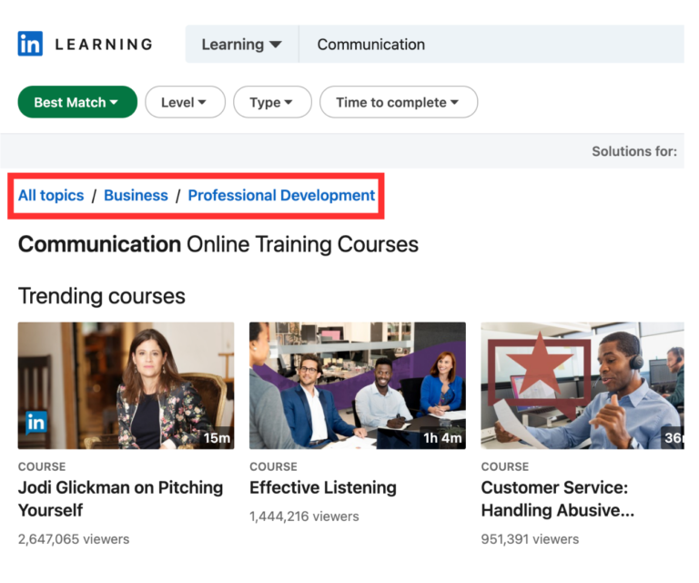 LinkedIn Learning Breadcrumb Navigation for Communication Courses