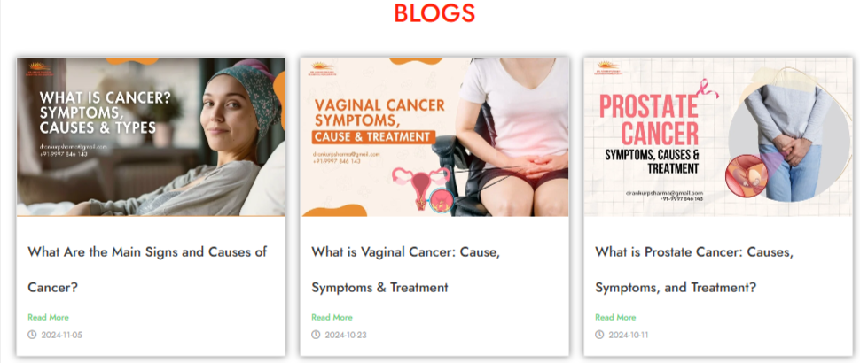 Blog section displaying articles on cancer symptoms