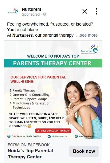 An advertisement for Nurturers, a parental therapy center in Noida