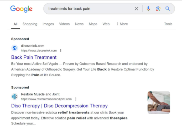 Google search results for 'treatments for back pain,' displaying sponsored ads on Google