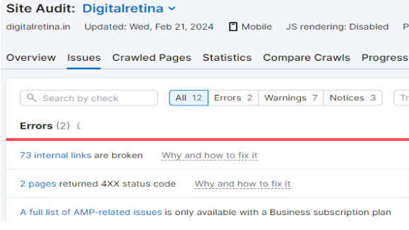 Issues' report displays lists of Errors